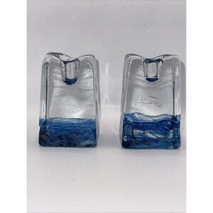 Two Glass Candle Holders Blue Swirl Design